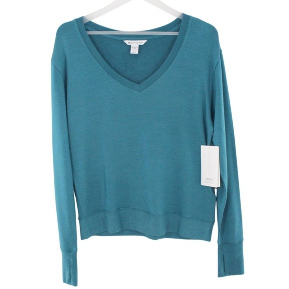 Athleta Sunrise V-Neck Sweatshirt Thumbhole Cuffs Size M/P Teal